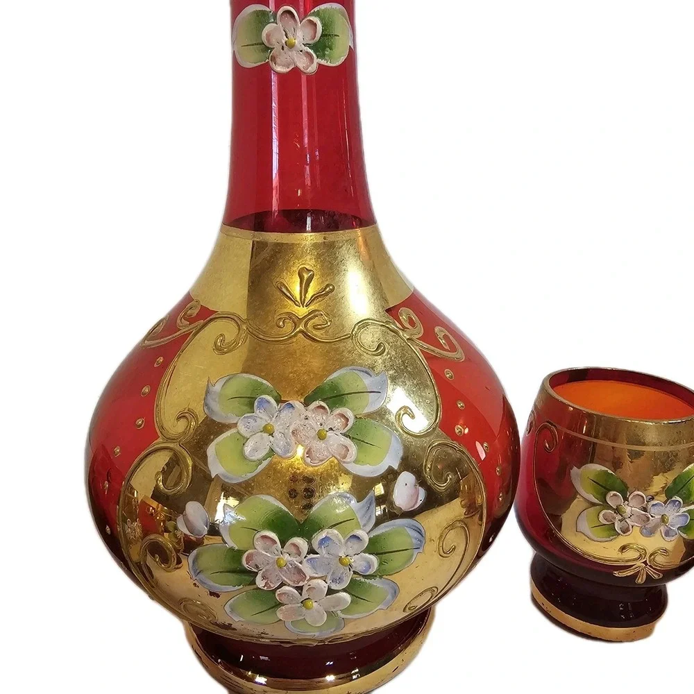 Vtg Bohemian Ruby Red Gold Hand Painted Florals Decanter Set W/ 6 Shot Glasses